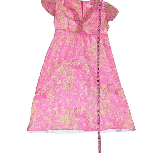 Lilly Pulitzer Silk Pink Green Floral Flutter Sleeve A-Line Dress V-Neck sz 00 - Picture 5 of 9